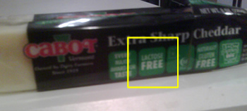 Cabot Labeling Showing Lactose Free Cheese.