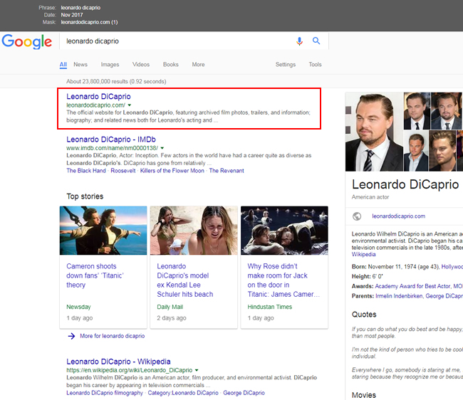 Leonardo Dicaprio's site ranking #1 before the update.