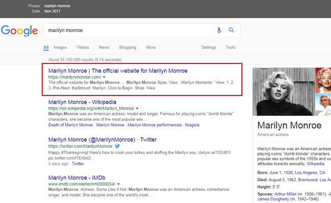 Marilyn Monroe's official site ranking #1 before the algorithm update.