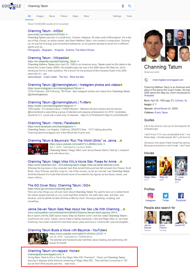 The official site for Channing Tatum dropping to #9 after the Google update.