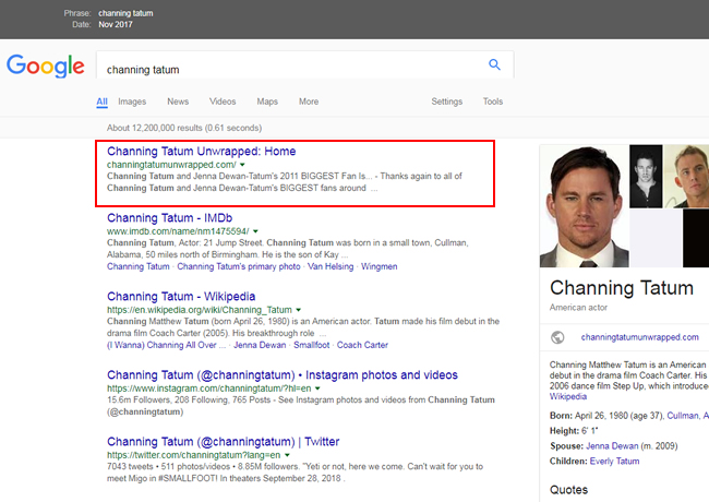 The official site for Channing Tatum ranking #1 before the Google update.