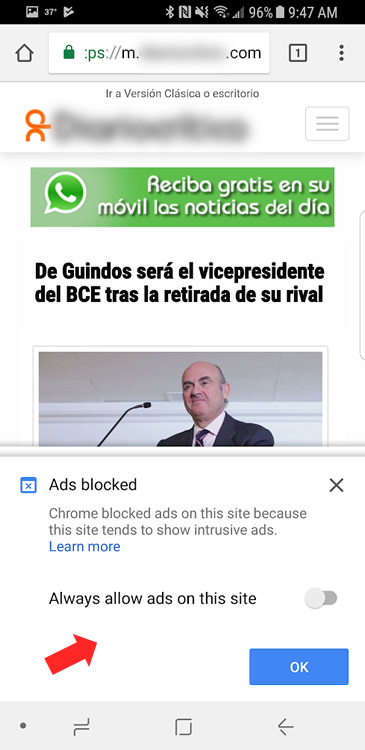 Ads blocked in Chrome mobile with details. 