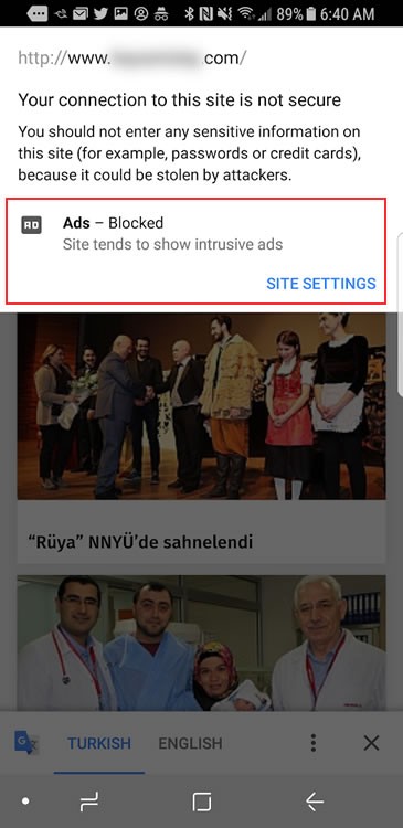 Site settings for a site with ads being blocked on mobile.