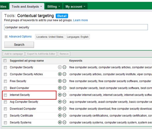 Entering keywords in the Contextual Targeting Tool