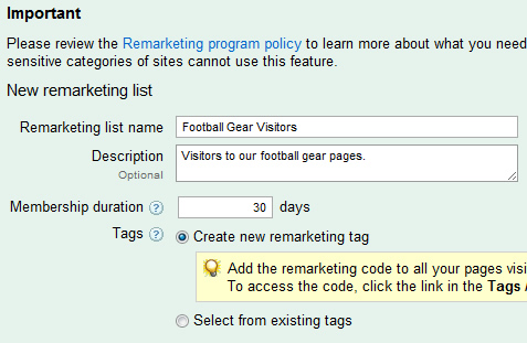 Setting up a new remarketing list in Google AdWords.