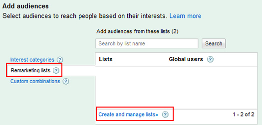 Creating a new remarketing list in Google AdWords.