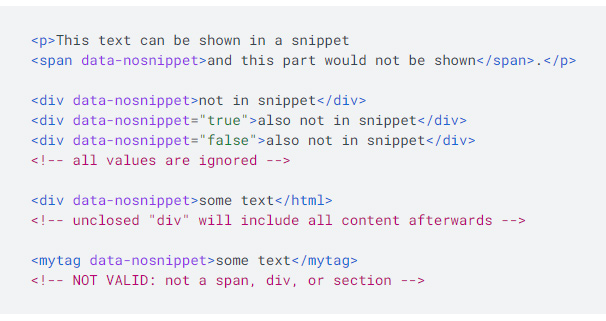 Google's documentation about attribute values for data-nosnippet.