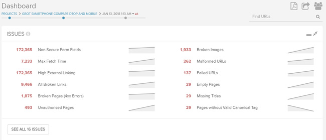 DeepCrawl's dashboard surfaces top problems from the crawl. 