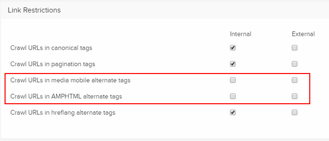 Don't crawl mobile alternate tags or AMP tags in DeepCrawl. 