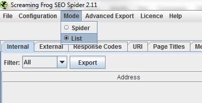 List Mode in Screaming Frog