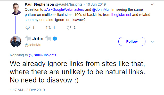 John Mueller explaining no need to disavow spammy, junky links.