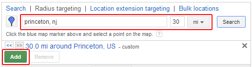 Adding a second location target using radius targeting in enhanced campaigns.