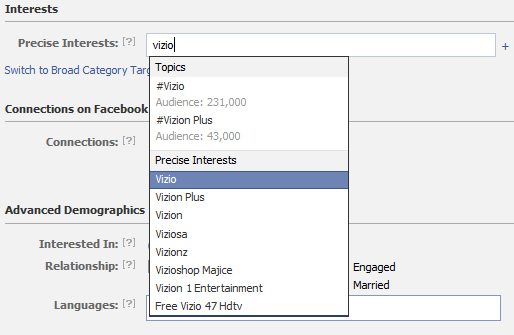 Targeting people who have shown a precise interest in Vizio via Facebook Advertising