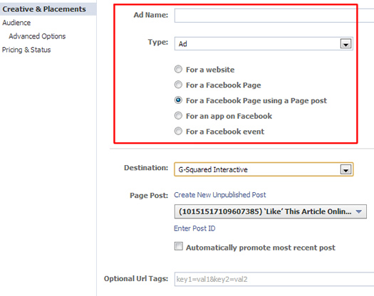 Creating an unpublished post ad in Facebook.