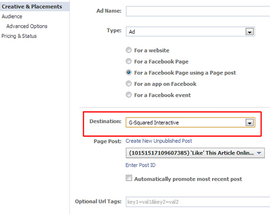 Choosing an ad destination for unpublished post ad in Facebook.