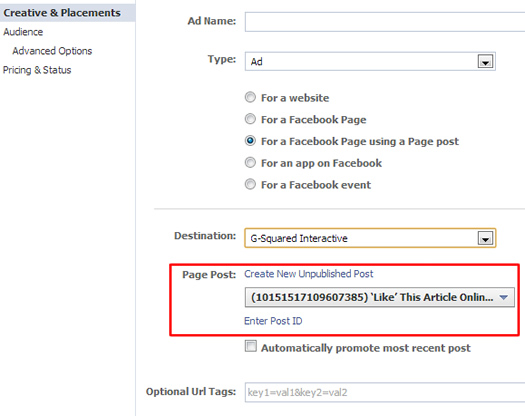 Selecting a page post for an unpublished post ad in Power Editor.