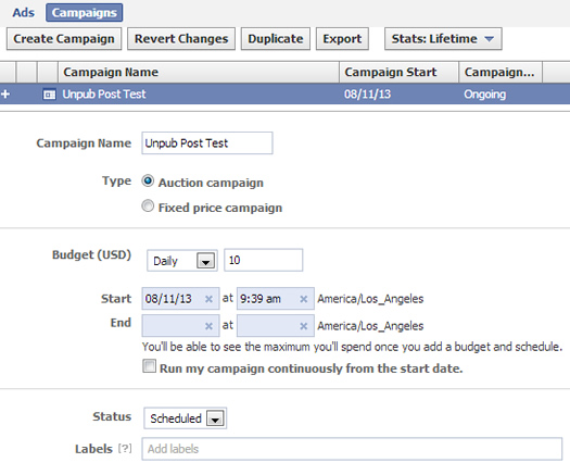 Creating a new Facebook campaign in Power Editor.