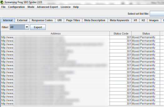 Viewing 301 redirects after a Screaming Frog crawl