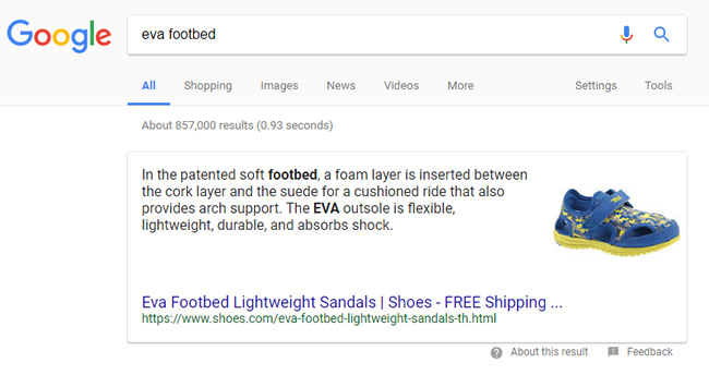 Featured snippet migration eva footbed shoes.com