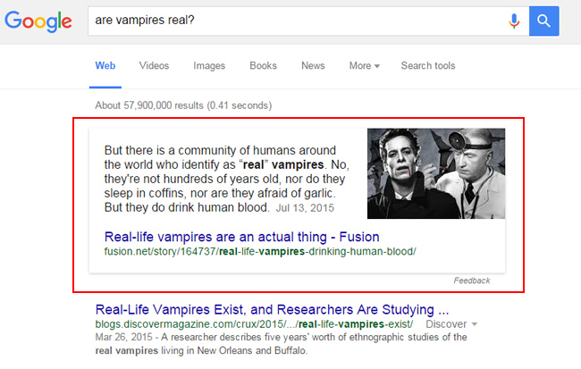 Example of a Featured Snippet - Are Vampires Real?