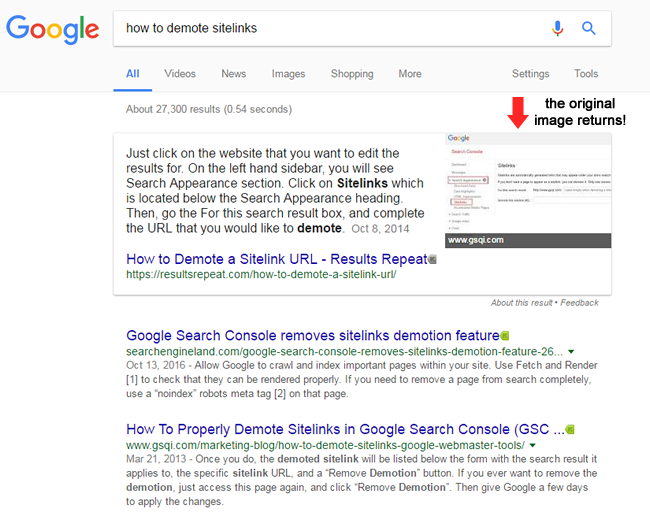 Google returns the original image to the featured snippet.