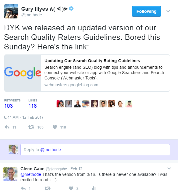 Gary Illyes tweet about Quality Rater Guidelines.