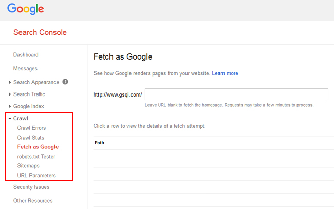 Fetch as Google in the Crawl Section of GSC