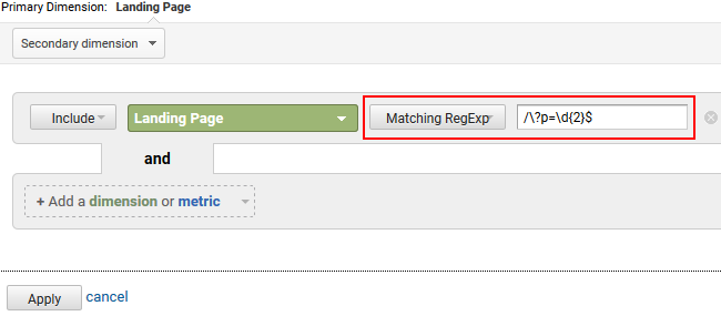 Filtering landing pages using regex in GA.