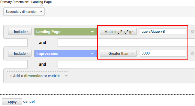 Filtering landing pages by query and impressions. 