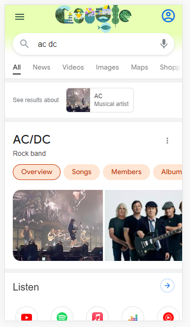 Dynamic organization in the Google search results for AC/DC.