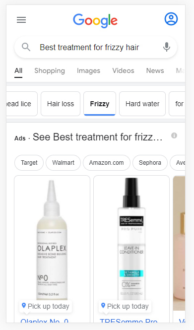 Filter in the Google mobile search results