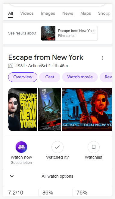 Dynamic organization in the Google search results for Escape from New York.