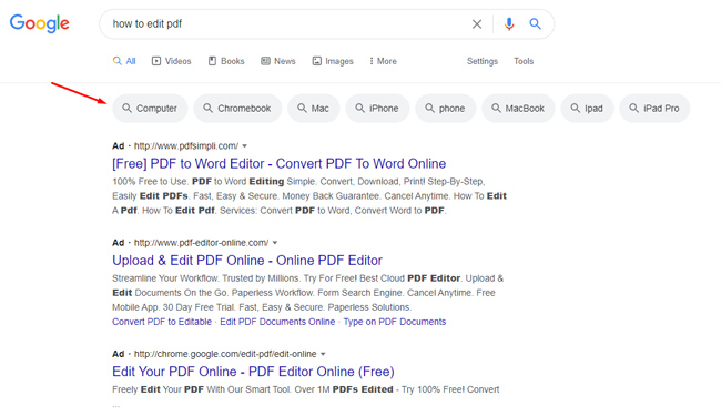 filters in the Google desktop search results