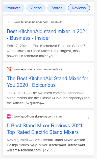 Review tab in the Google search results on mobile.