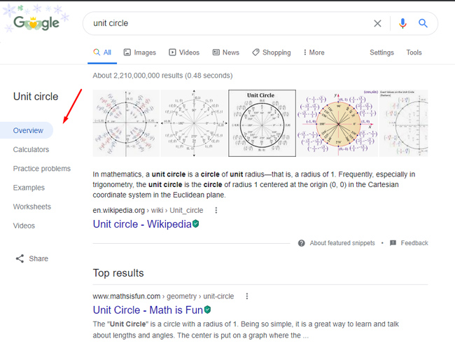 Dynamic organization in the Google search results for unit circle.