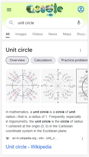 Dynamic organization in the Google search results for unit circle in the mobile search results.