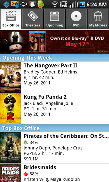 The Box Office Screen of Flixster's Mobile App