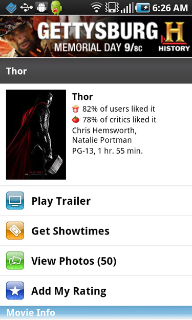 Movie Information Screen in the Flixster Mobile App