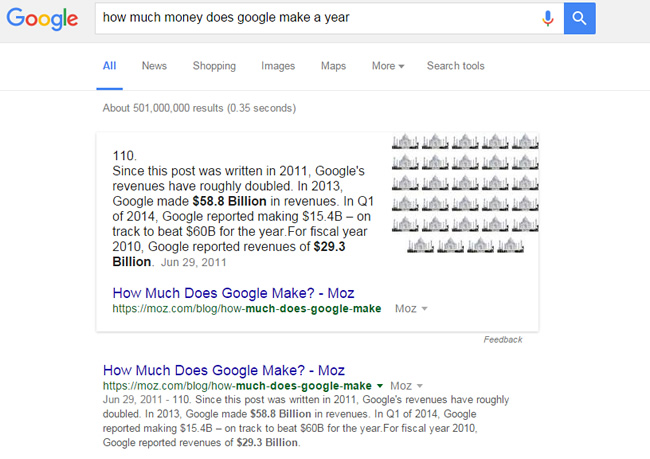 Featured Snippet for How Much Money Does Google Make A Year