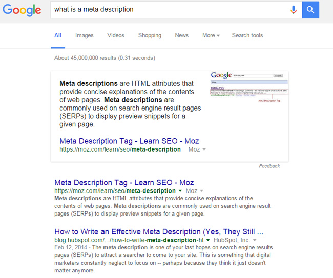 Featured Snippet for What Is A Meta Description