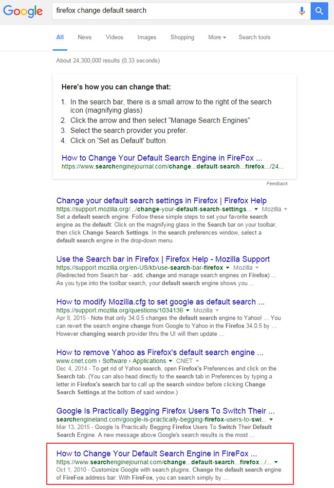 Featured Snippet for Firefox Change Default Search