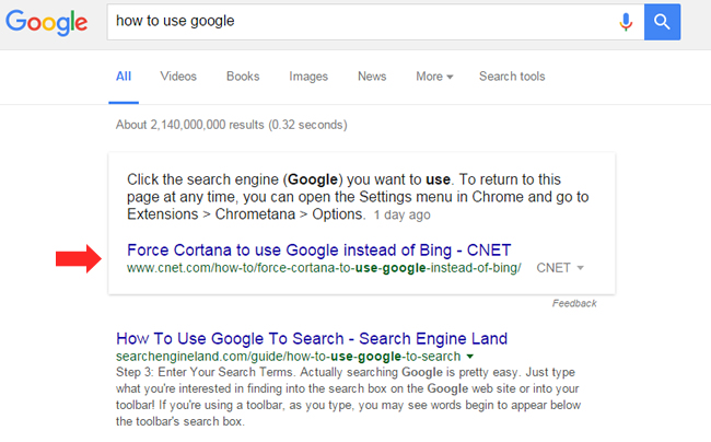 Featured Snippet From CNET - How To Use Google 