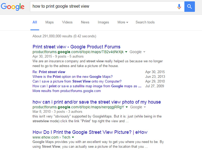 Featured Snippet for How To Print Google Street View, Without SER