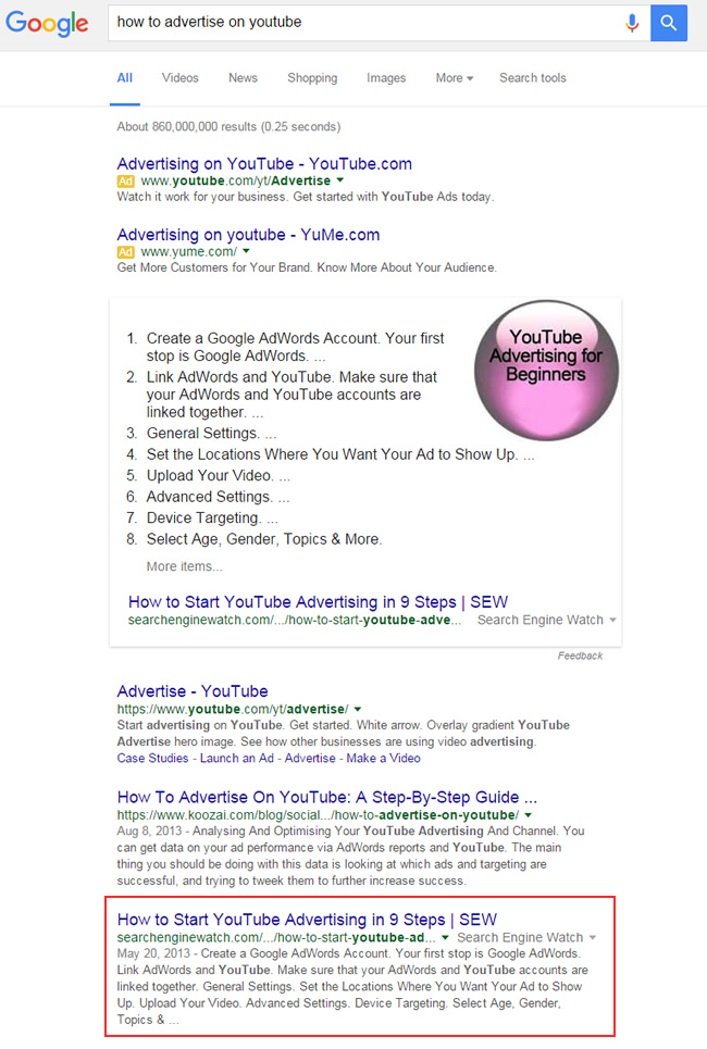 Featured Snippet for How To Advertise On YouTube