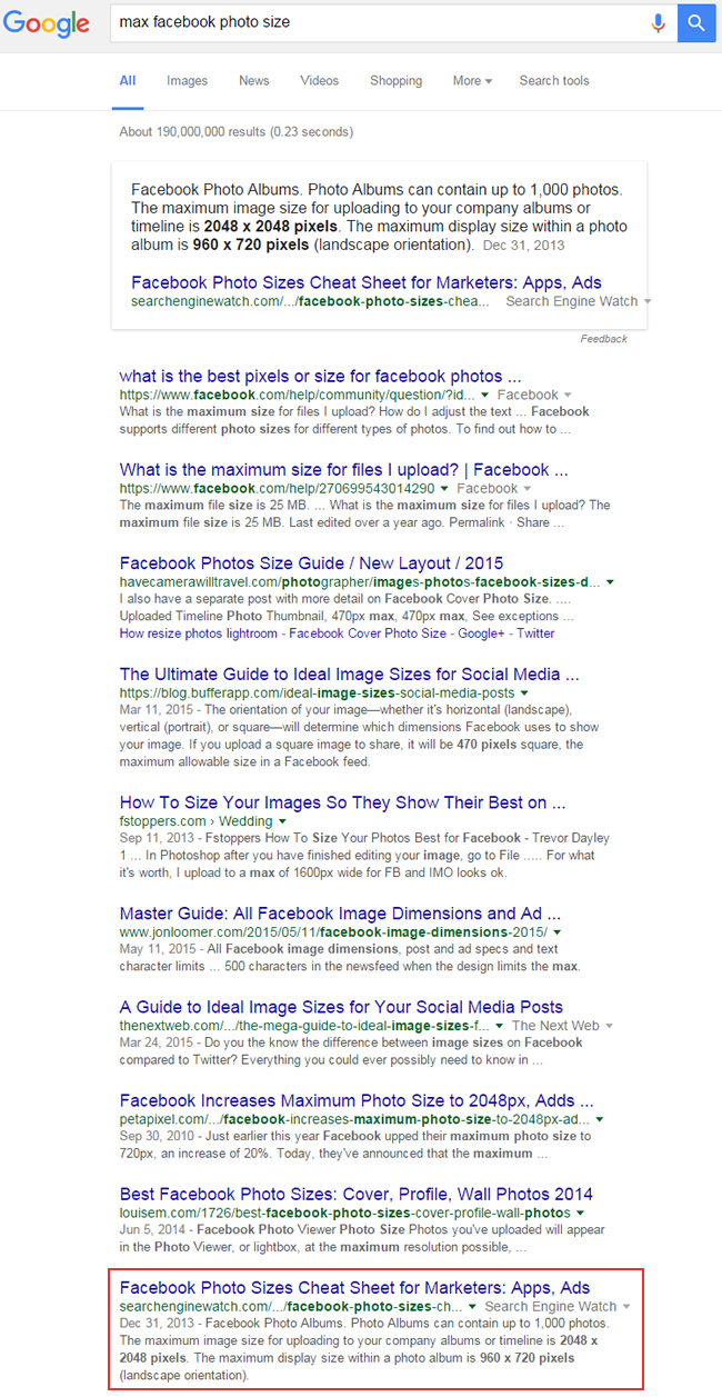 Featured Snippet for Max Facebook Photo Size