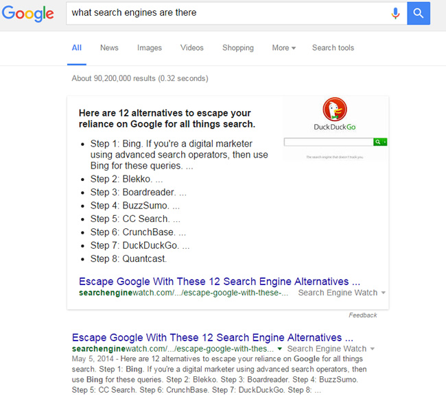 Featured Snippet - What Search Engines Are There?