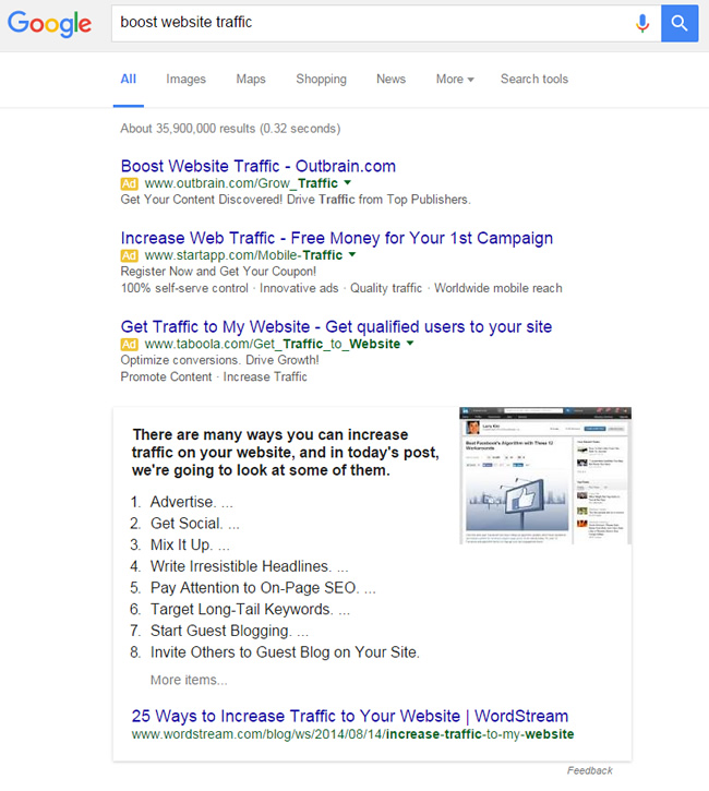 Featured Snippet for Boost Website Traffic