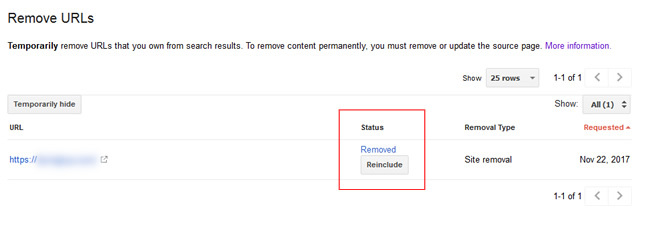 Rogue subdomain removed from Google using the Remove URLs Tool in GSC.