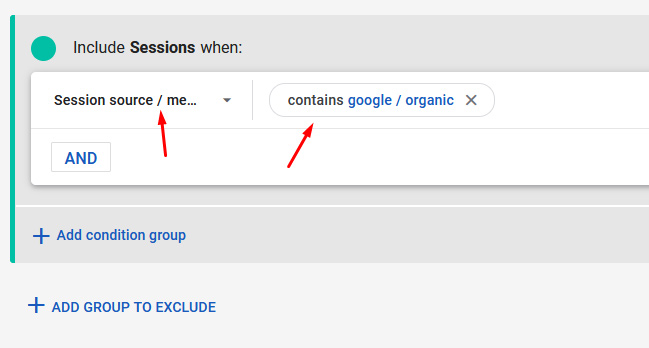 Selecting session source and medium and then filtering by Google Organic when creating a new segment in GA4