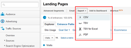 Exporting a report from Google Analytics